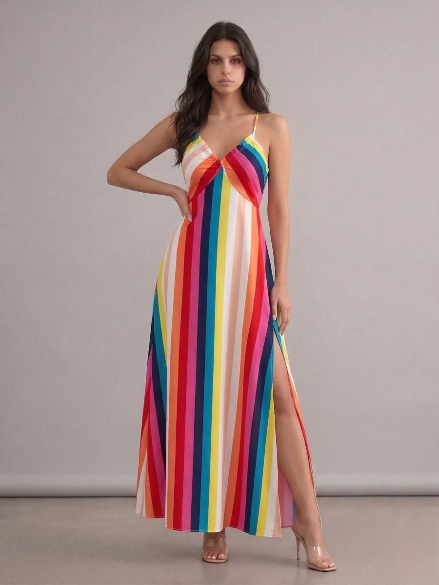 Robe longue bohème multicolore dos nu fendue aux cuisses