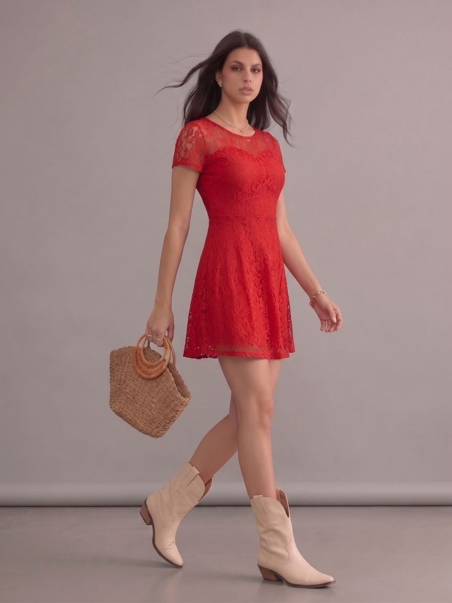 Robe bohème courte rouge en dentelle manches courtes