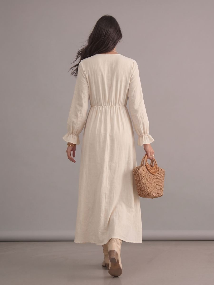 Robe longue bohème beige en dentelle à col en V et manches longues