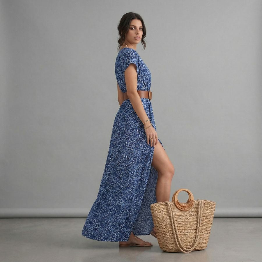 Robe bohème chic bleue plissée florale à col en V