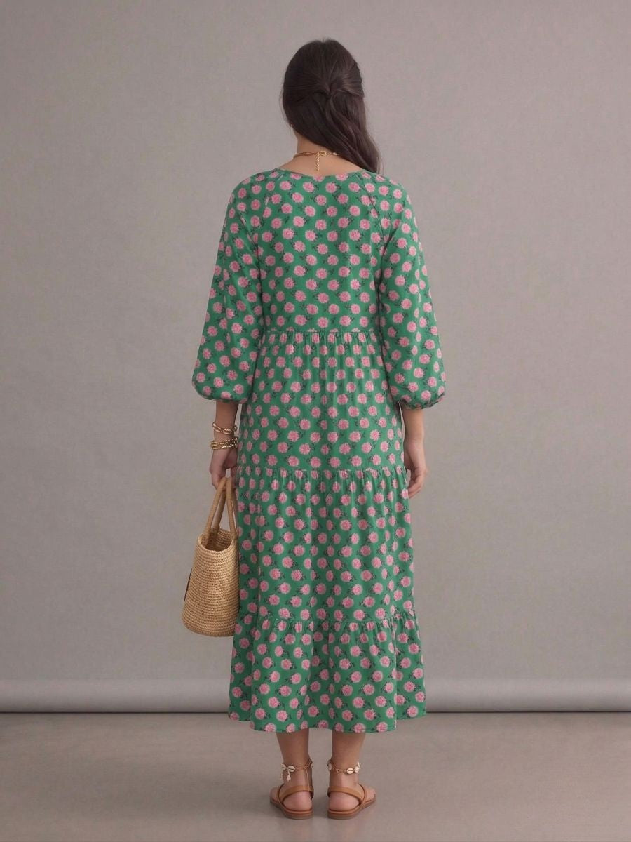 Robe longue bohème verte à motifs roses imprimés