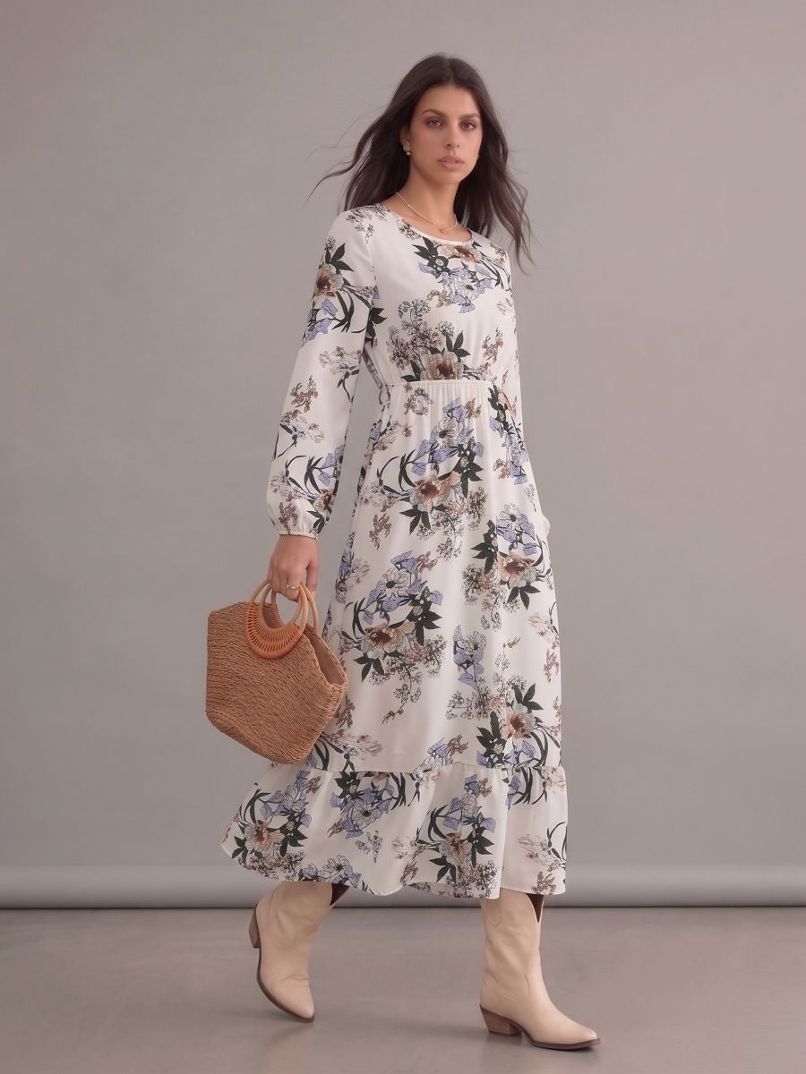 Robe bohème blanche fleurie à col rond et manches longues