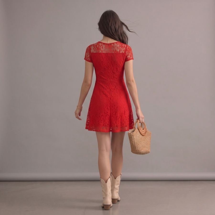 Robe bohème courte rouge en dentelle manches courtes