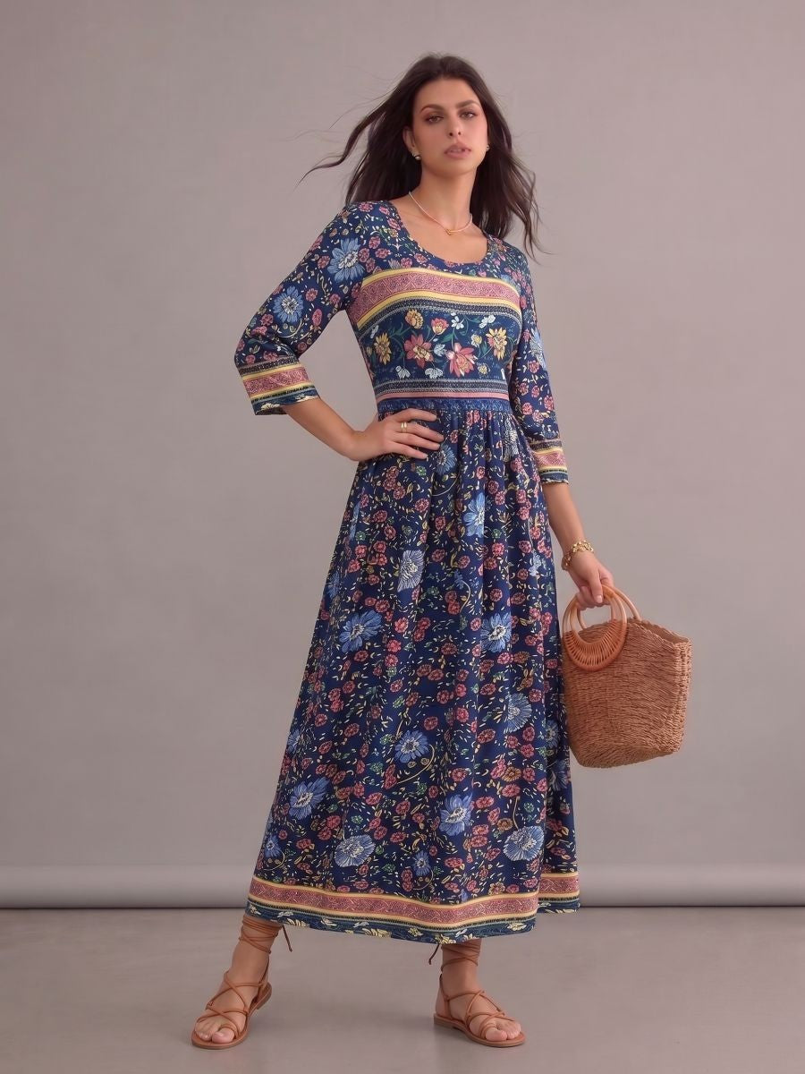 Robe longue bohème chic bleue fleurie à col rond