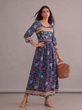 Robe longue bohème chic bleue fleurie à col rond