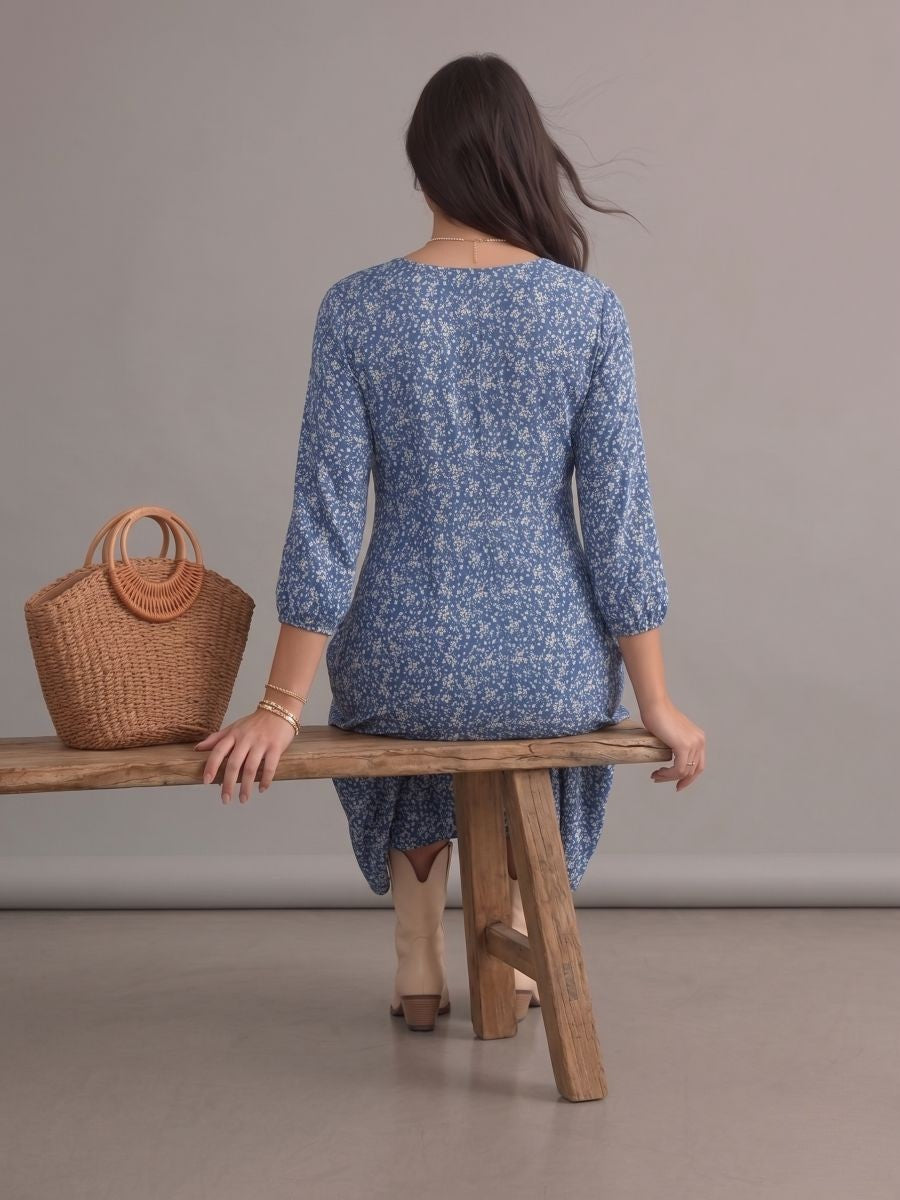 Robe bohème grande taille bleue à fleurs, col rond