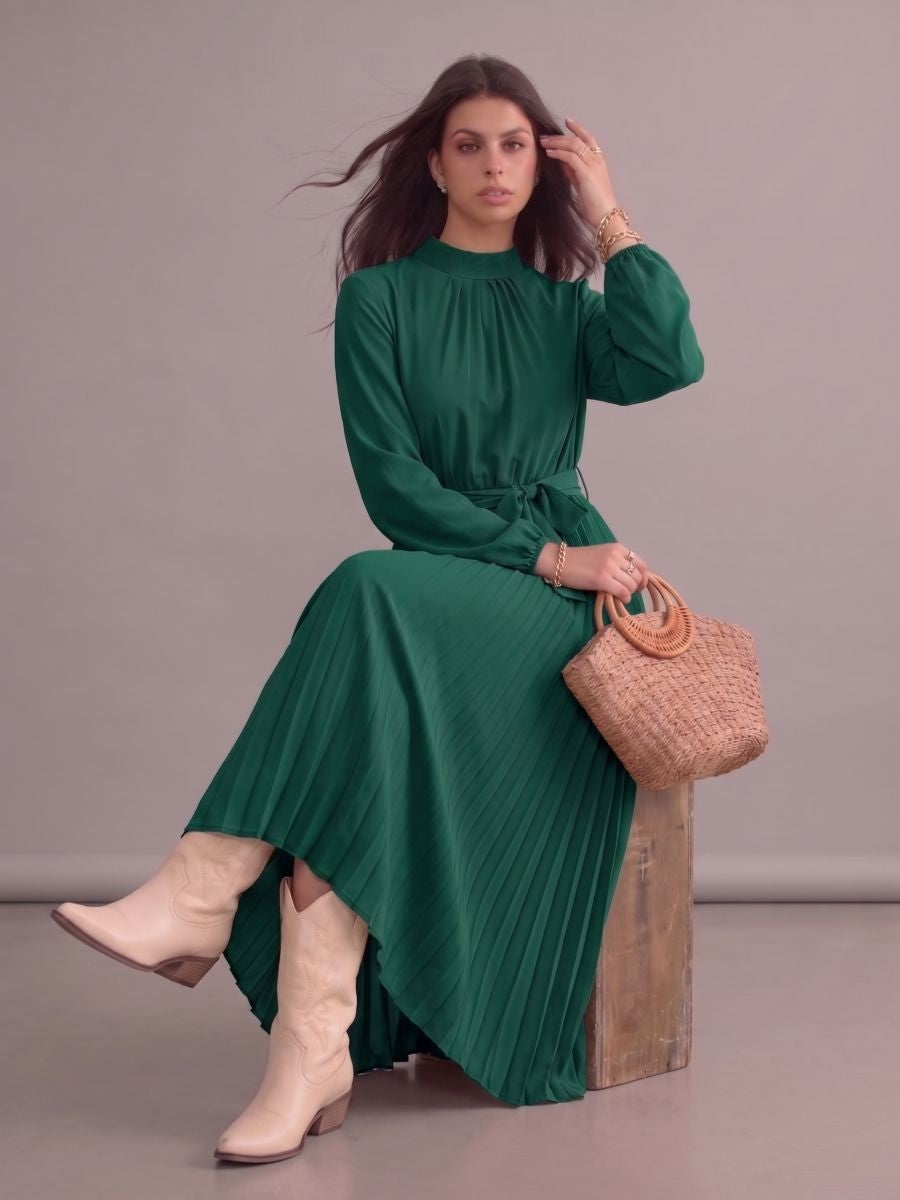 Robe longue bohème chic verte plissée à manches longues