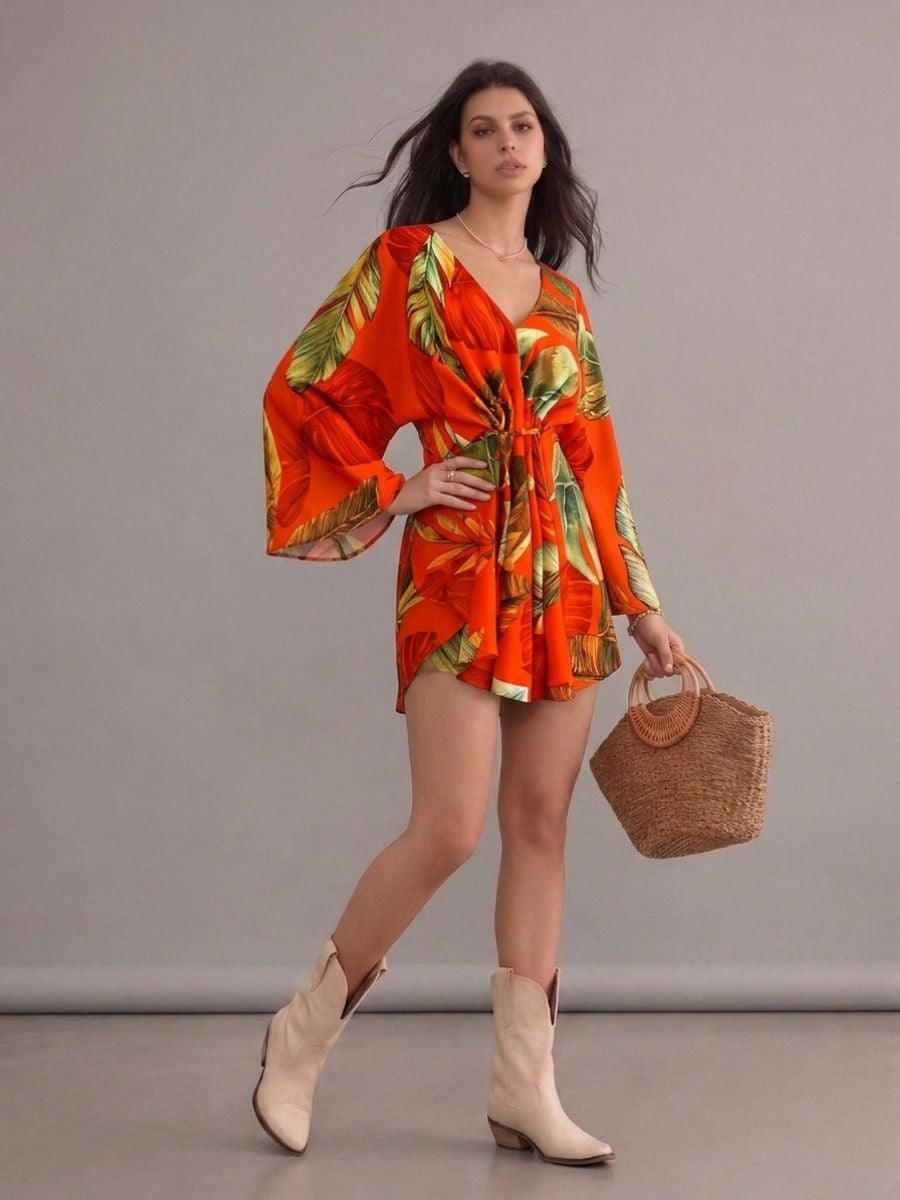 Robe bohème rouge col en V manches chauve-souris à fleurs imprimées