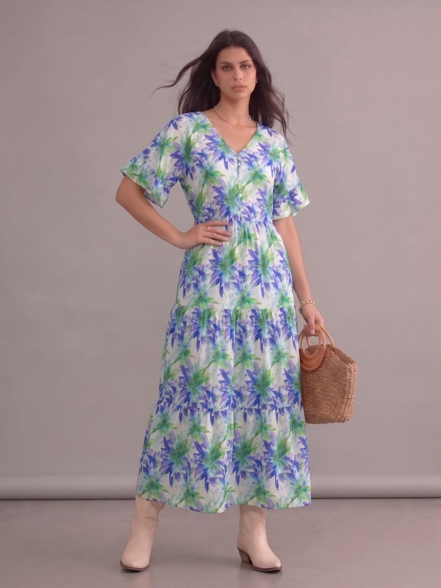 Robe bohème verte fleurie grande taille longueur cheville