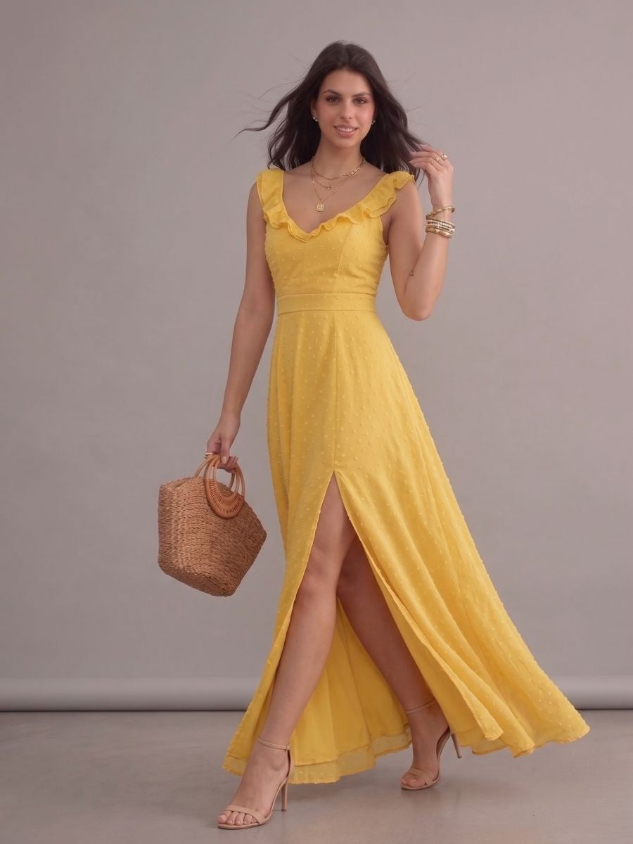Robe longue bohème jaune fendue à col V