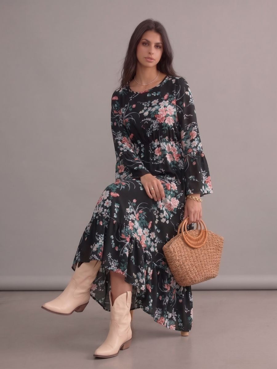 Robe bohème noire fleurie à col rond et manches longues
