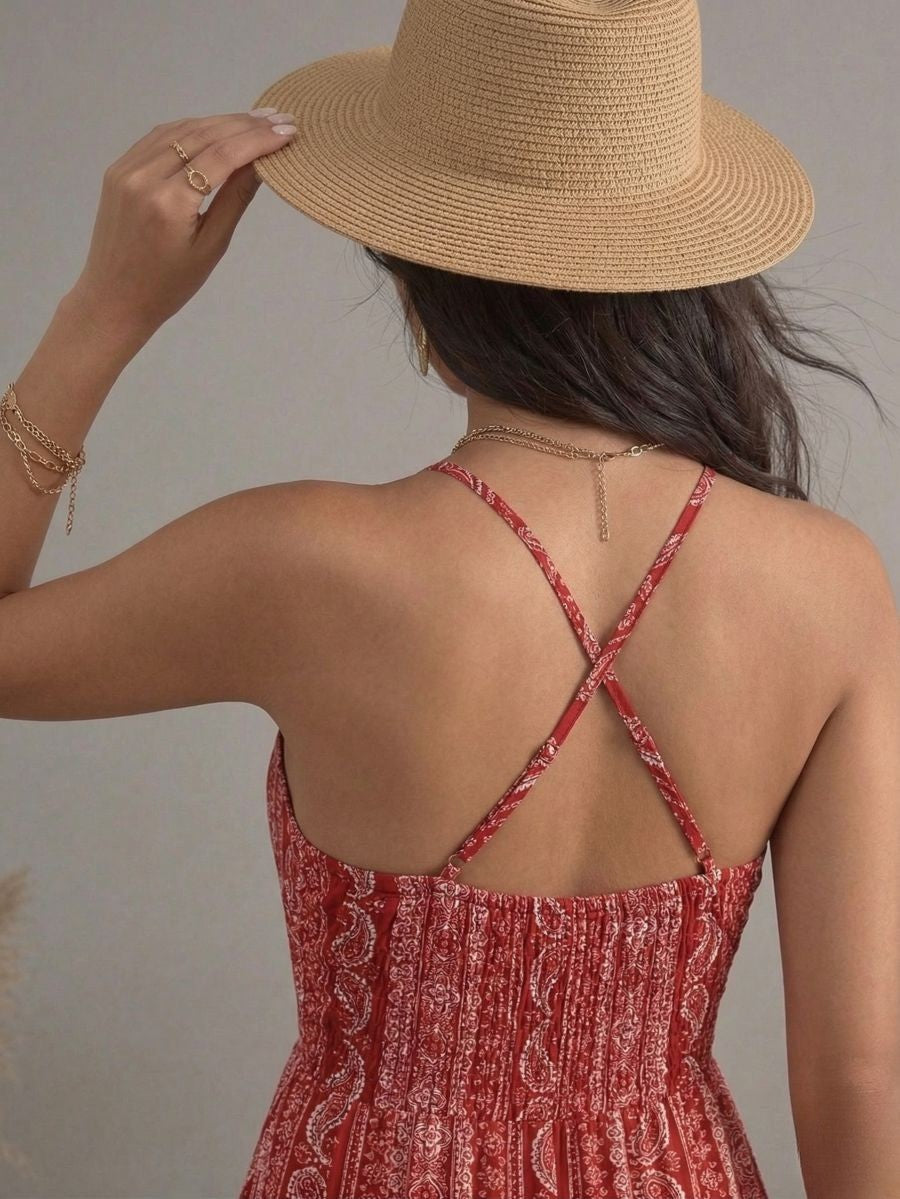 Robe longue bohème italienne rouge à motifs col en V