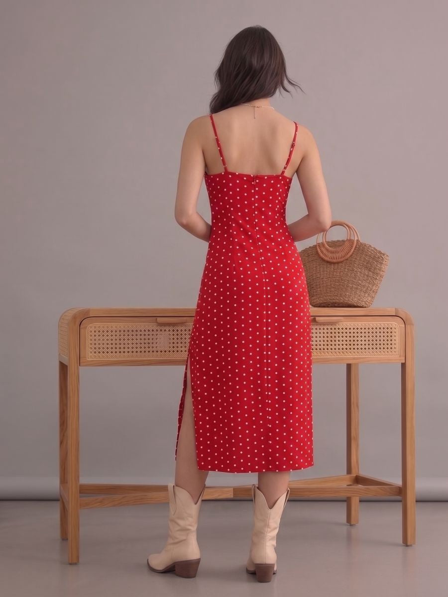 Robe bohème rouge à pois à bretelles fines et fente