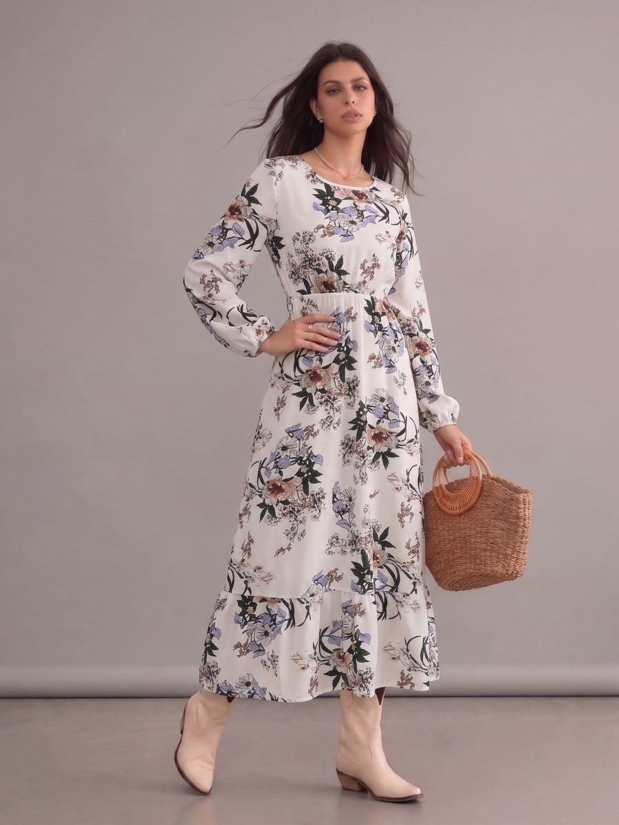 Robe bohème blanche fleurie à col rond et manches longues