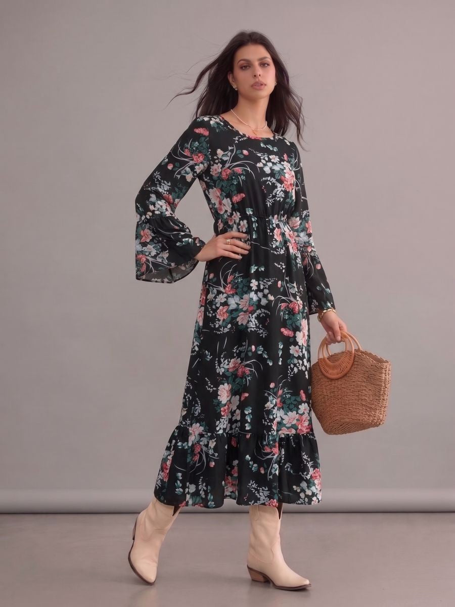 Robe bohème noire fleurie à col rond et manches longues