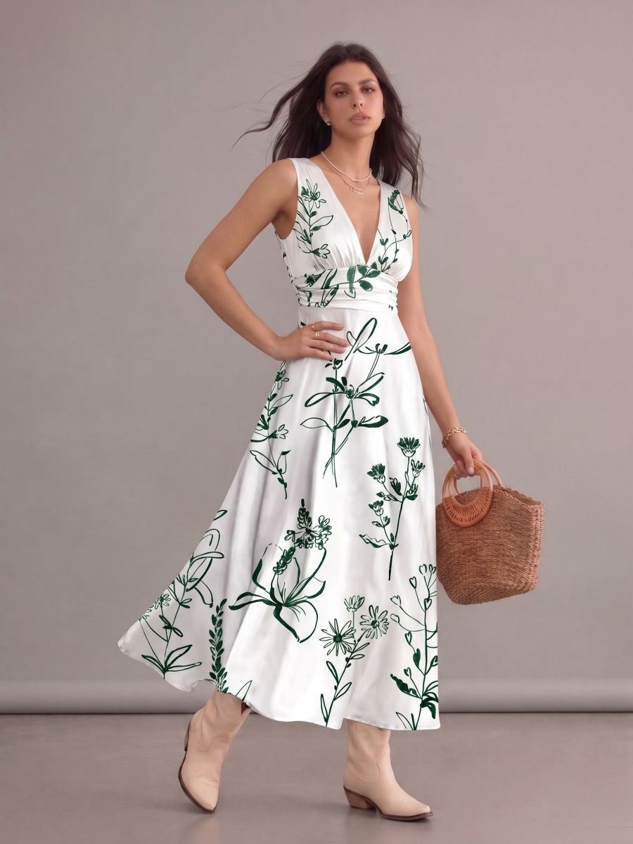 Robe bohème blanche chic à imprimé floral vert, col en V, sans manches