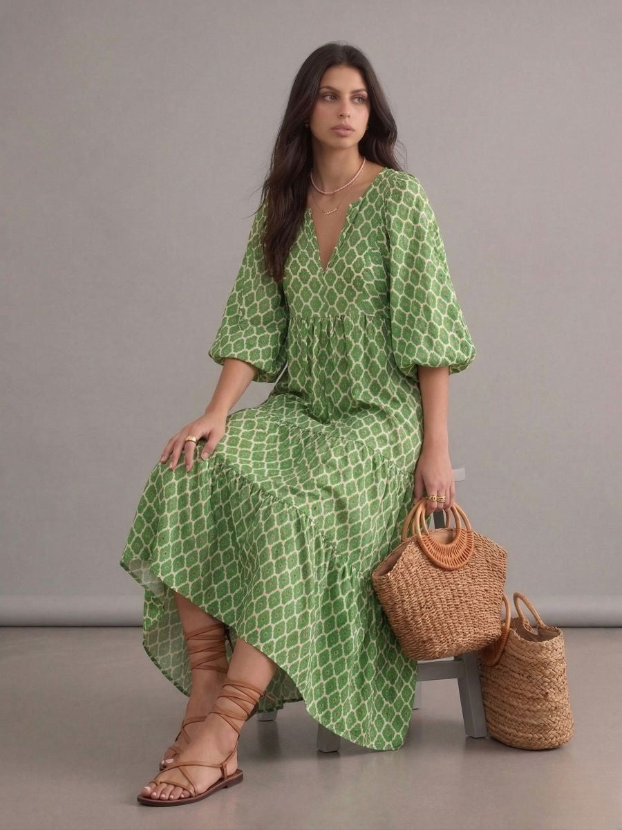Robe longue bohème vert clair à motifs imprimés