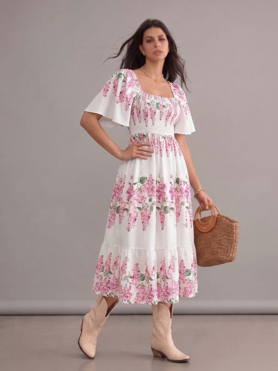 Robe bohème blanche fleurie grande taille longueur cheville