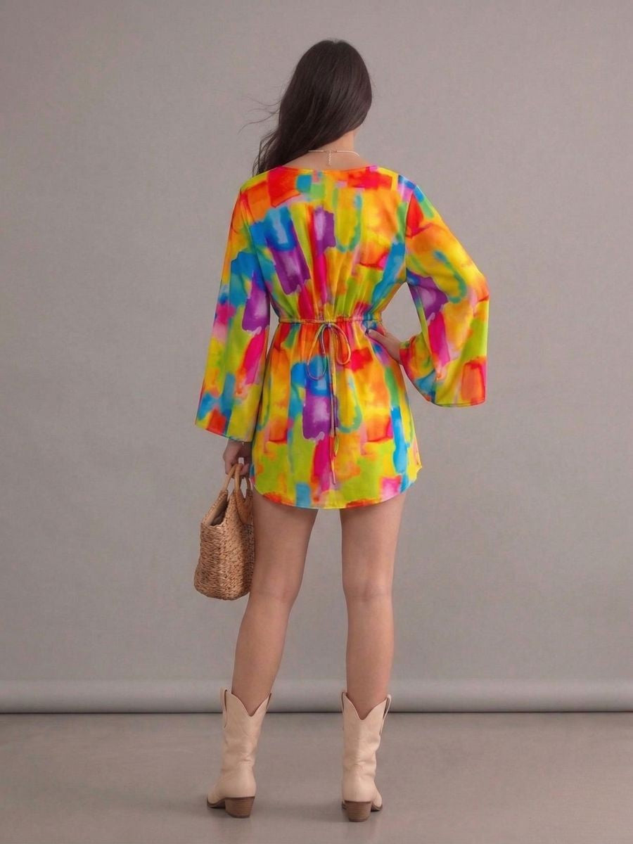 Robe bohème de plusieurs couleurs col en V manches chauve-souris imprimées