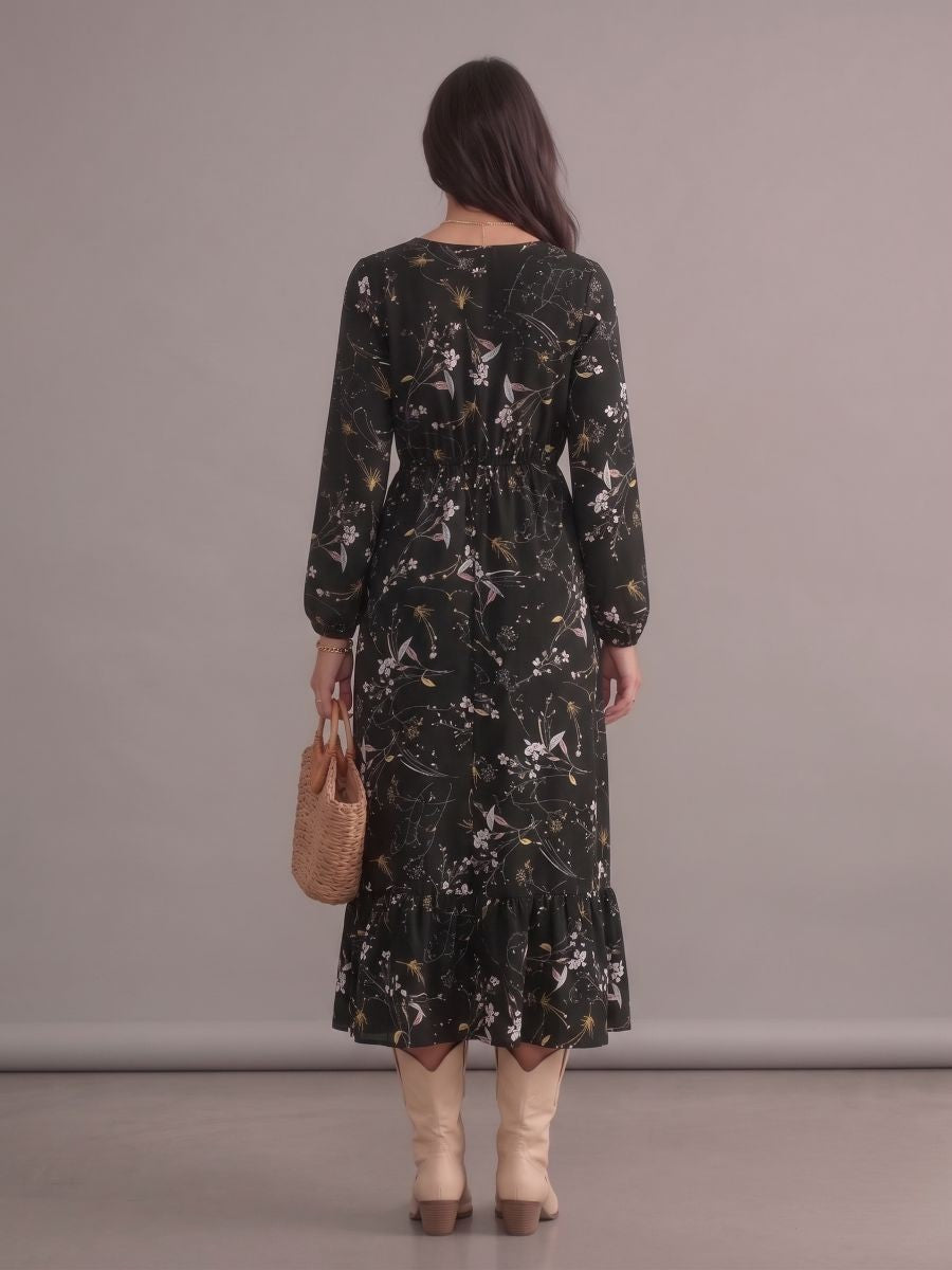 Robe bohème noire fleurie à col rond et manches longues