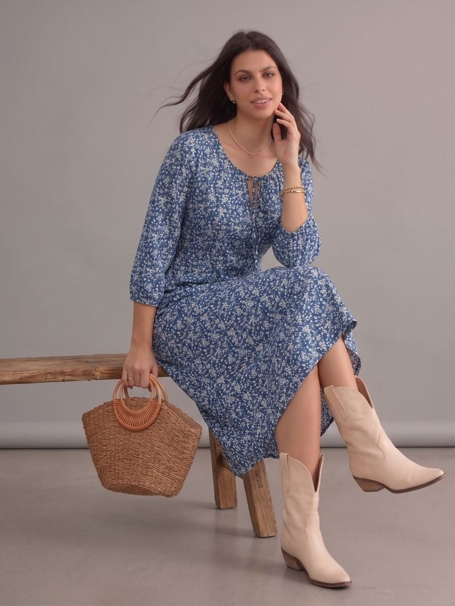 Robe bohème grande taille bleue à fleurs, col rond