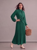 Robe longue bohème chic verte plissée à manches longues