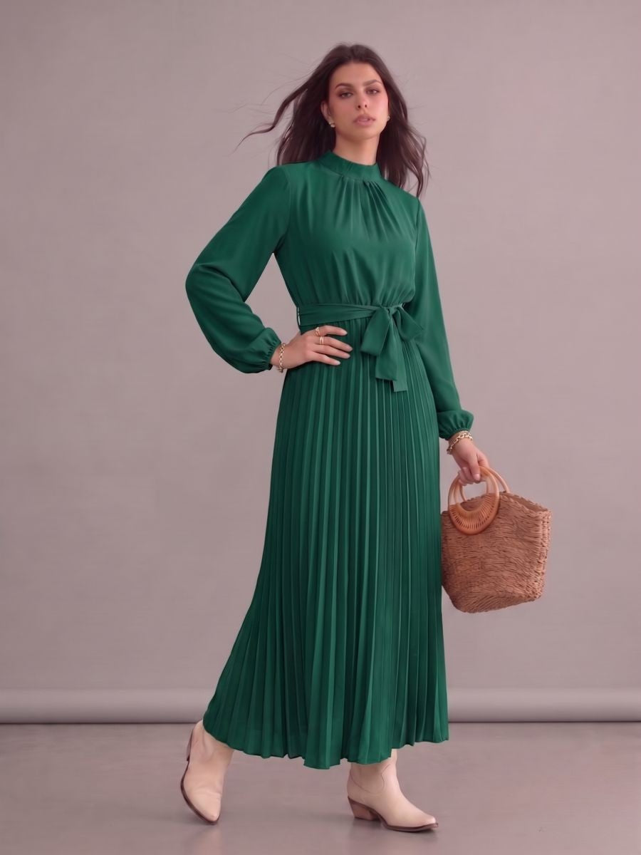 Robe longue bohème chic verte plissée à manches longues