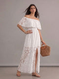 Robe bohème blanche longue à manches courtes et épaules dénudées en dentelle