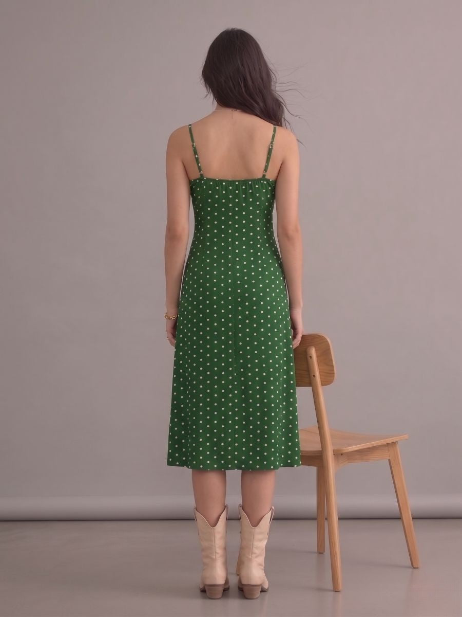 Robe bohème verte à pois à bretelles fines et fente