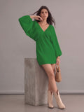 Robe bohème courte verte à col en V et manches longues