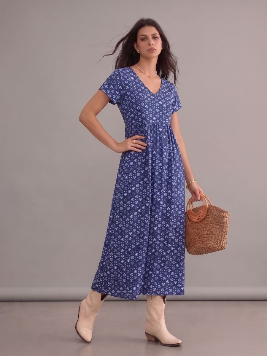 Robe bohème bleue midi à imprimé ethnique, col en V, manches chauve-souris