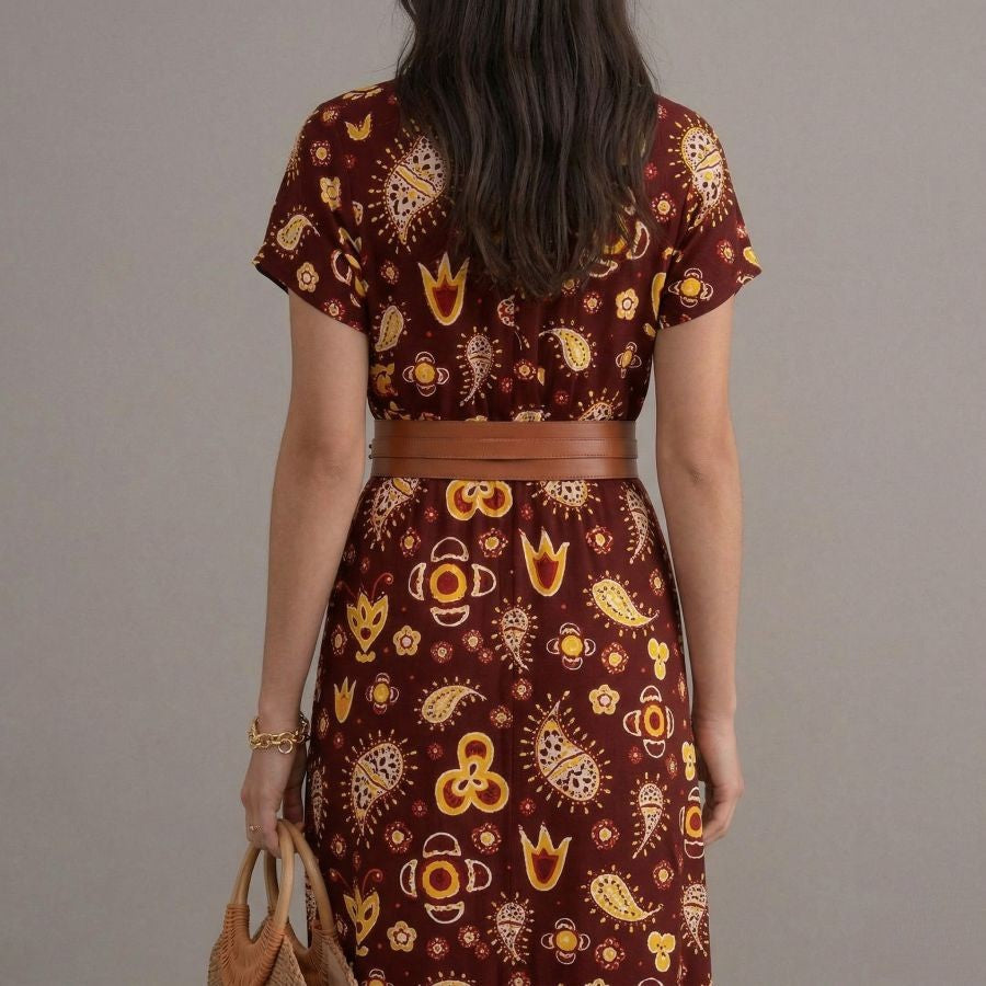 Robe bohème longue plissée florale marron à col en V
