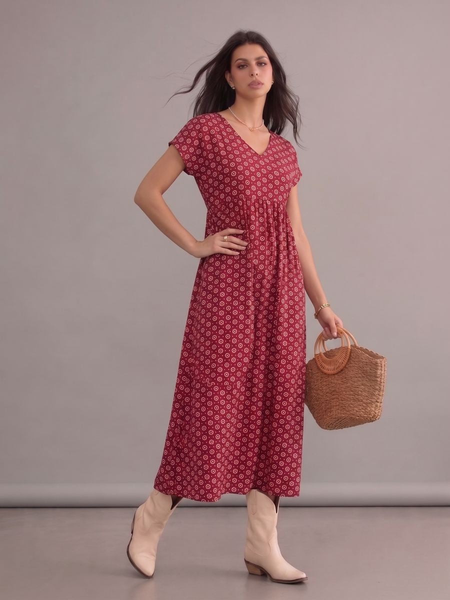 Robe bohème rouge midi à imprimé ethnique, col en V, manches chauve-souris