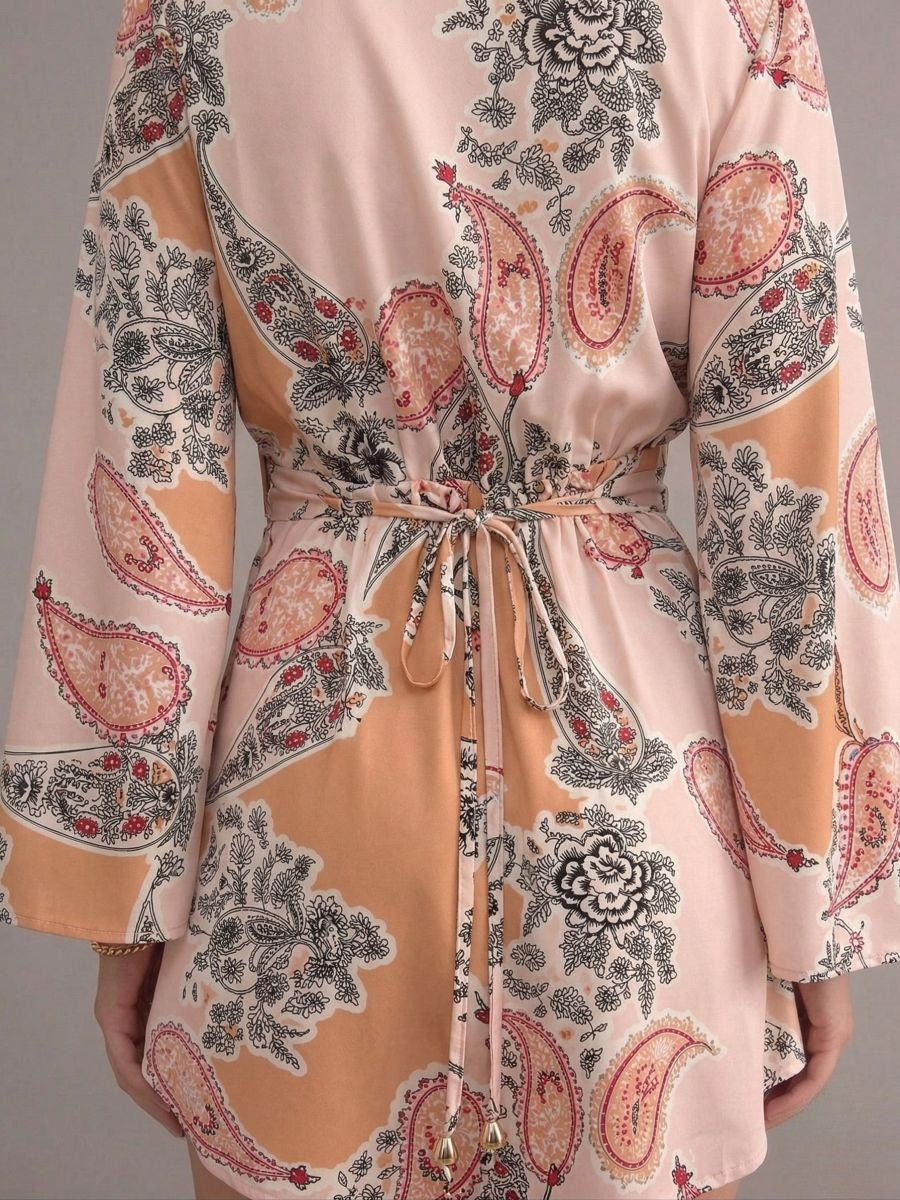Robe bohème col en v manches chauve-souris fleurs imprimé