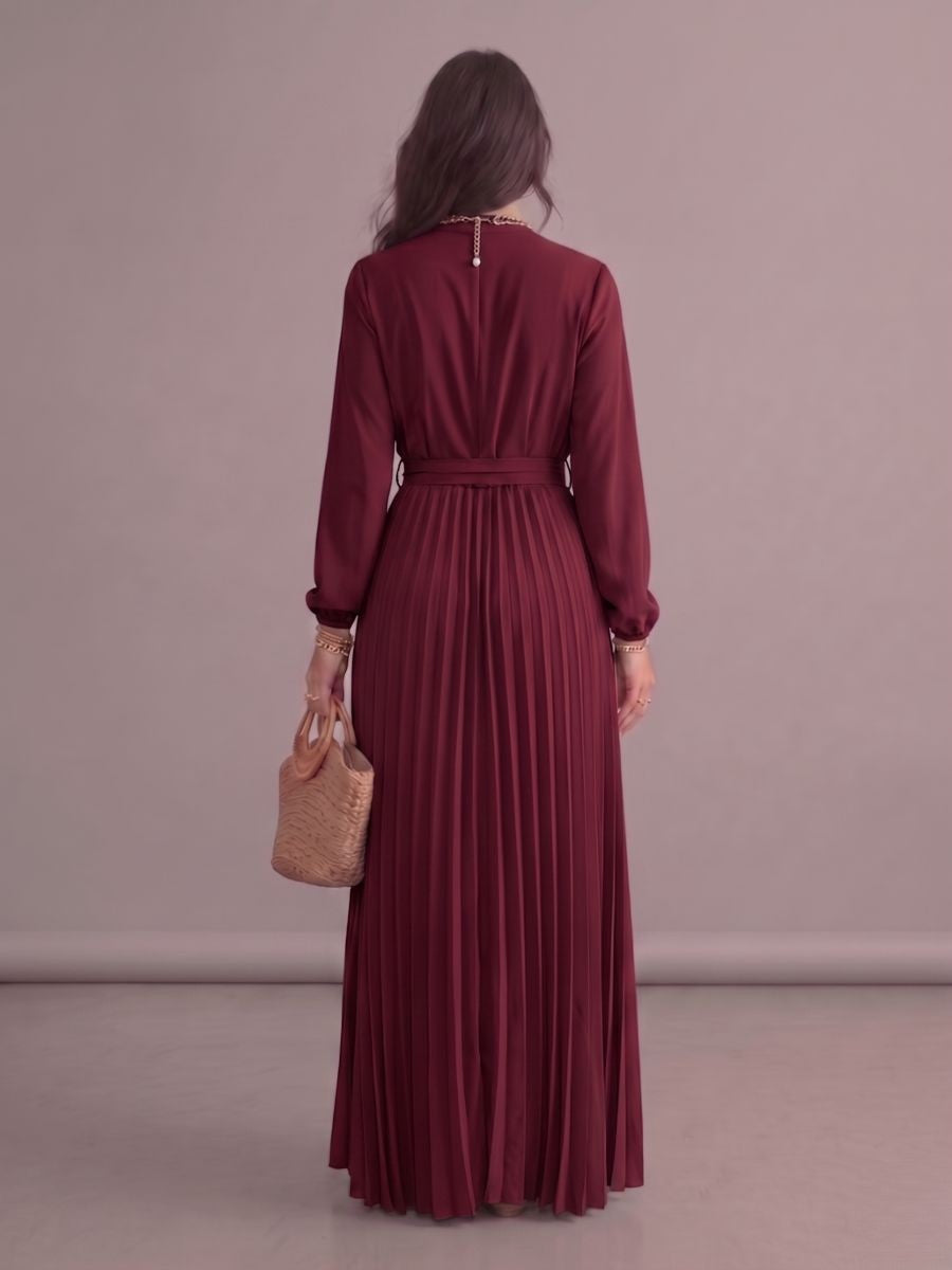 Robe longue bohème chic rouge plissée à manches longues