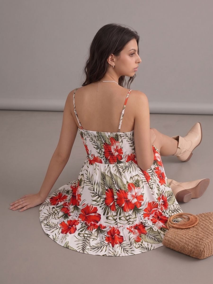 Robe bohème courte blanche à fleurs rouges