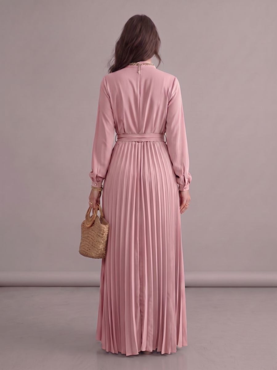 Robe longue bohème chic rose plissée à manches longues