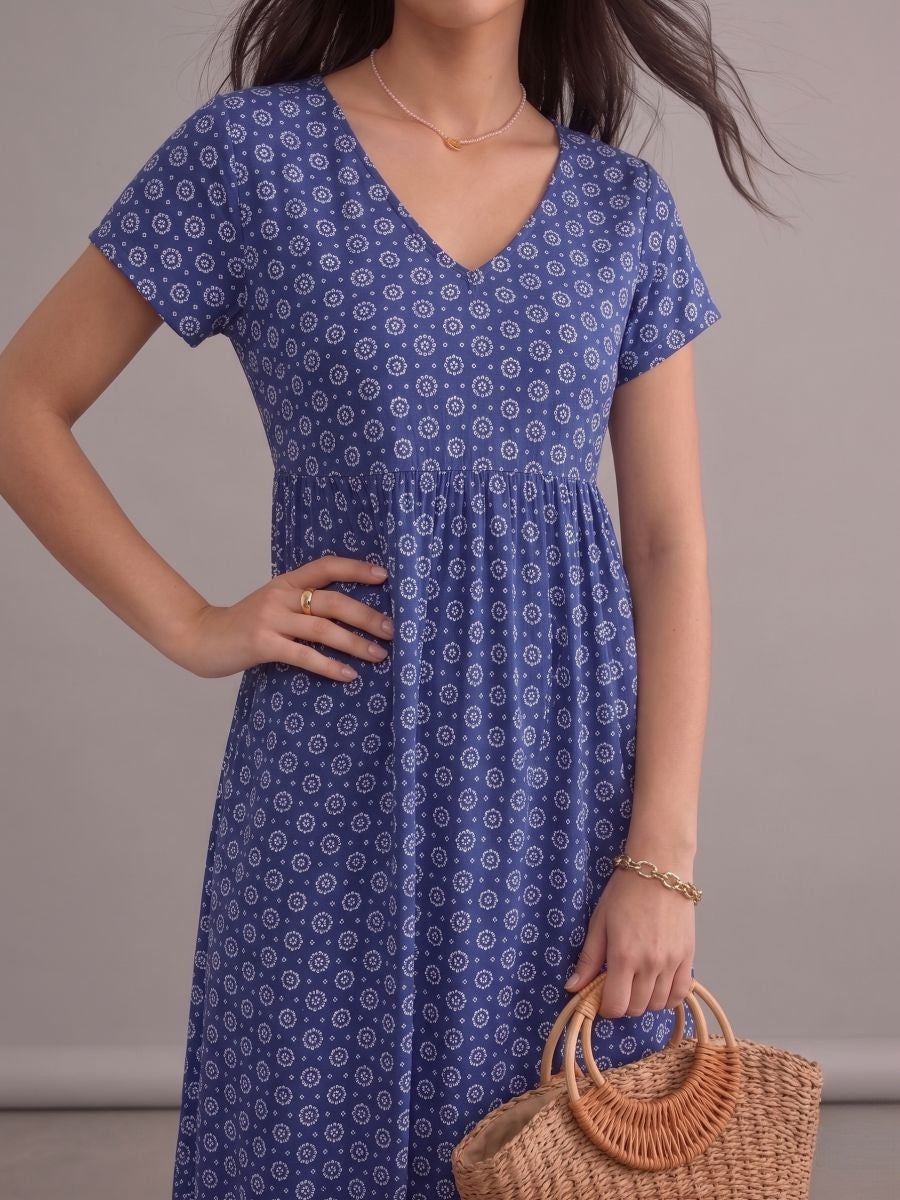 Robe bohème bleue midi à imprimé ethnique, col en V, manches chauve-souris