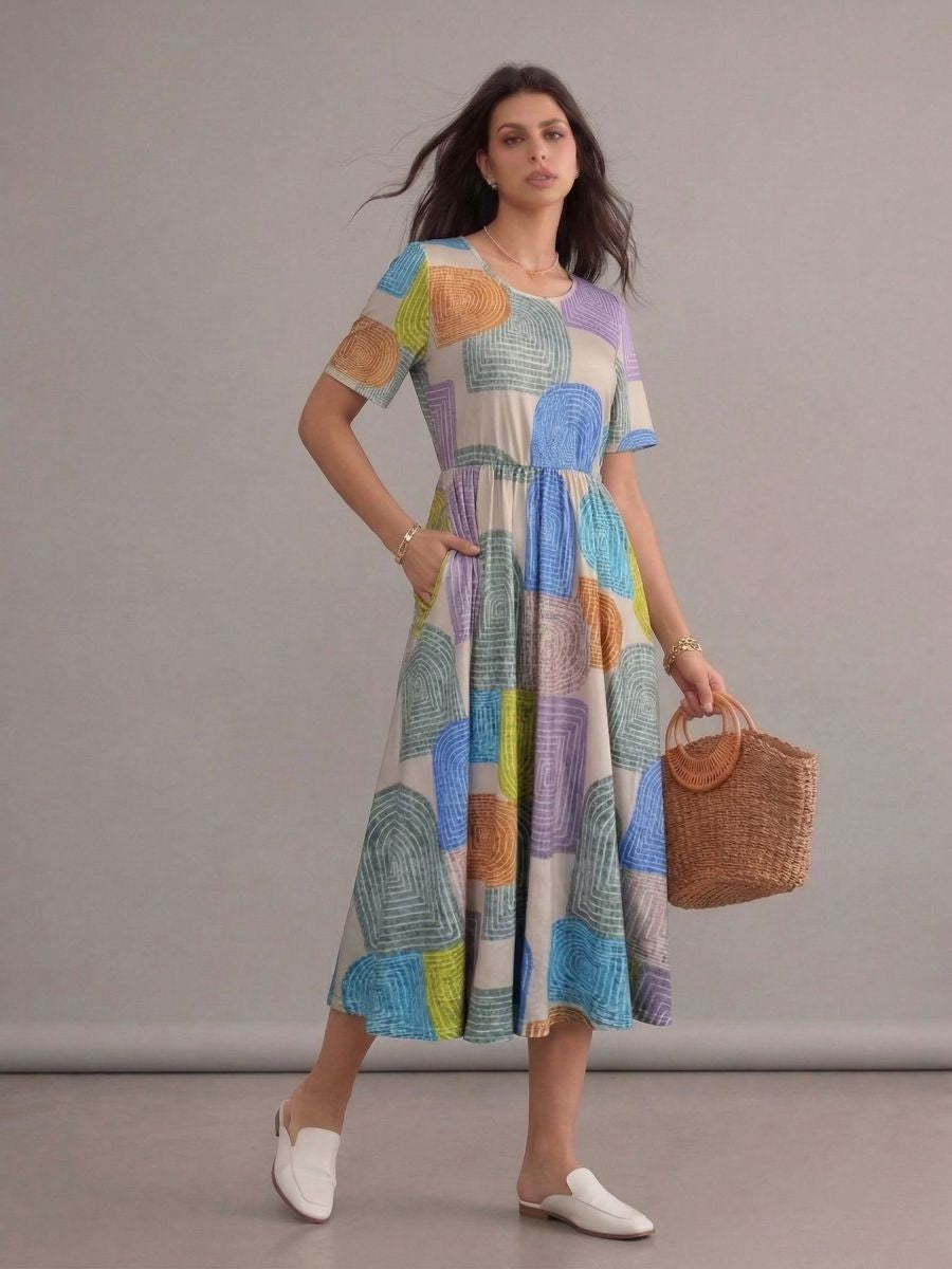 Robe longue bohème multicolore imprimée à carreaux col rond manches courtes