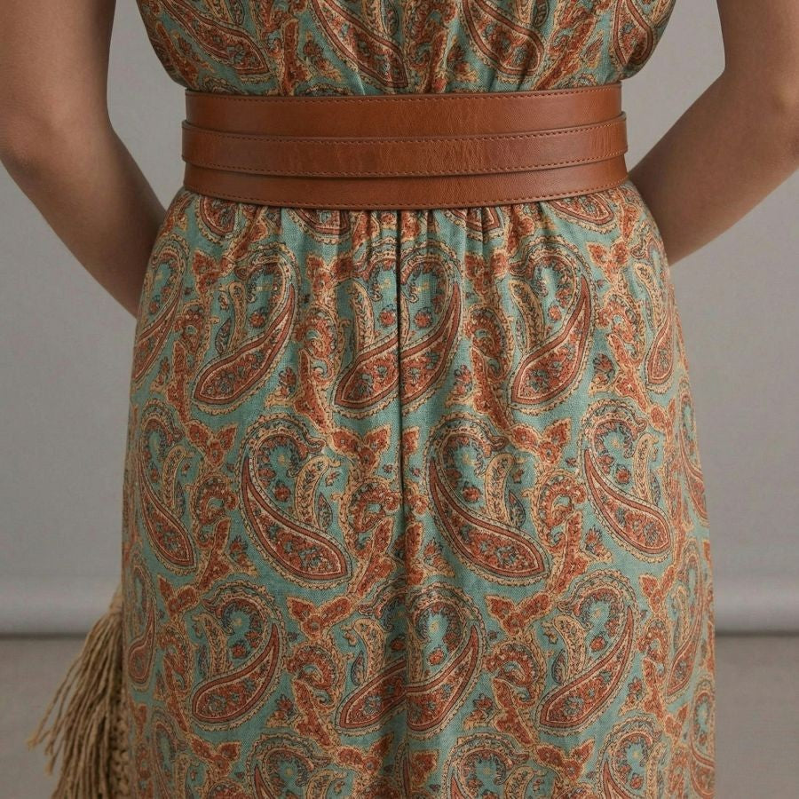 Robe bohème chic beige plissée florale à col en V